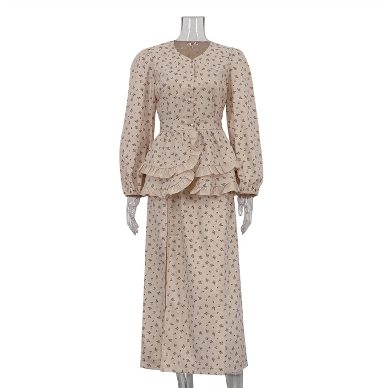 V Neck Button Lantern Sleeve Print Waistband Dress for Women