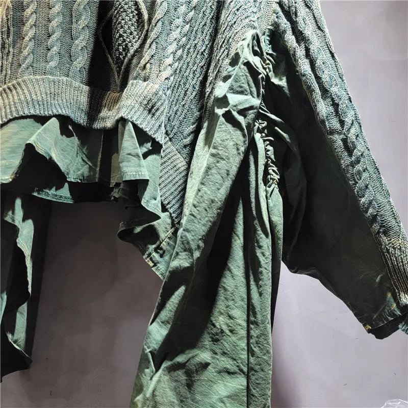 YEAE personalized old twist weaving splicing women's knitted sweater long-sleeved V-neck ruffle leaf edge autumn and spring new
