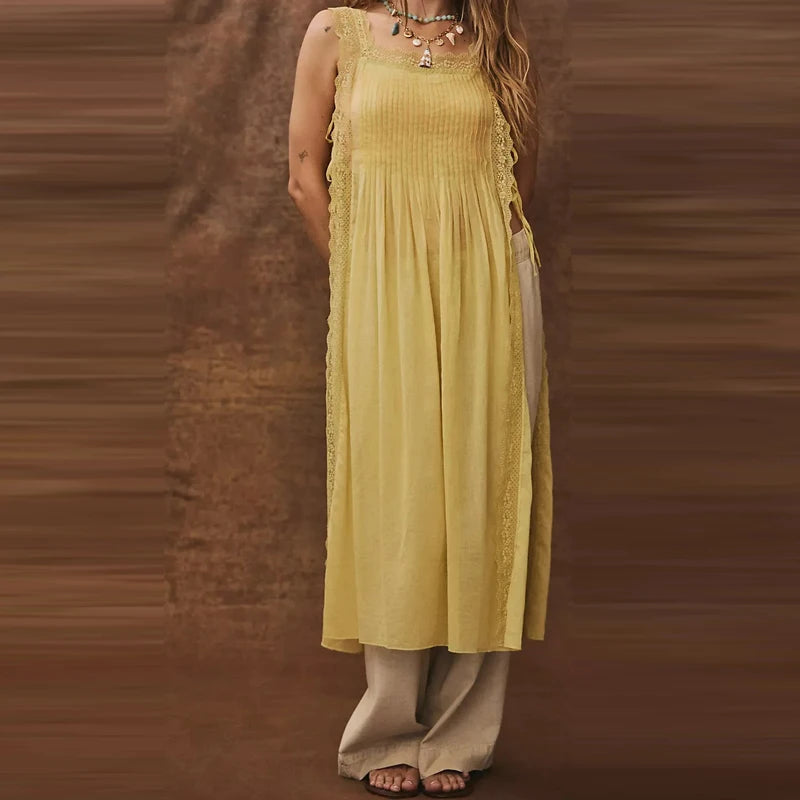 Lace Side Split Beach Pleated Solid Color Maxi Dress for Women