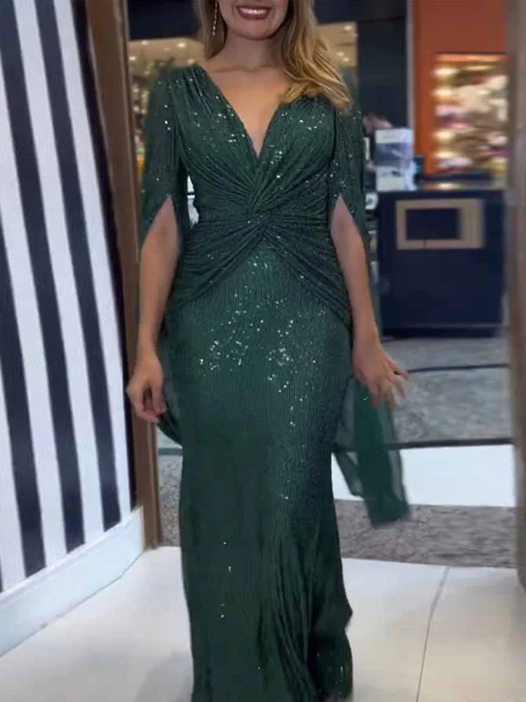 Elegant Sequin V Neck Long Sleeve Floor Length Maxi Dress for Women
