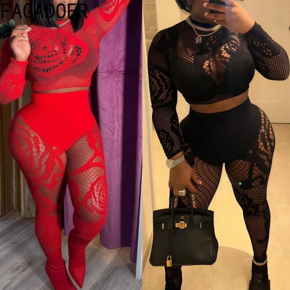 FAGADOER Sexy Lace 2 Piece Set Women Outfit Mesh See Though Long Sleeve Crop Top + Pants Suit Fashion Female Streetwear Overalls
