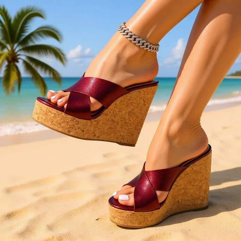 Waterproof Wood Pattern Cross Belt Wedge Platform Slippers for Women