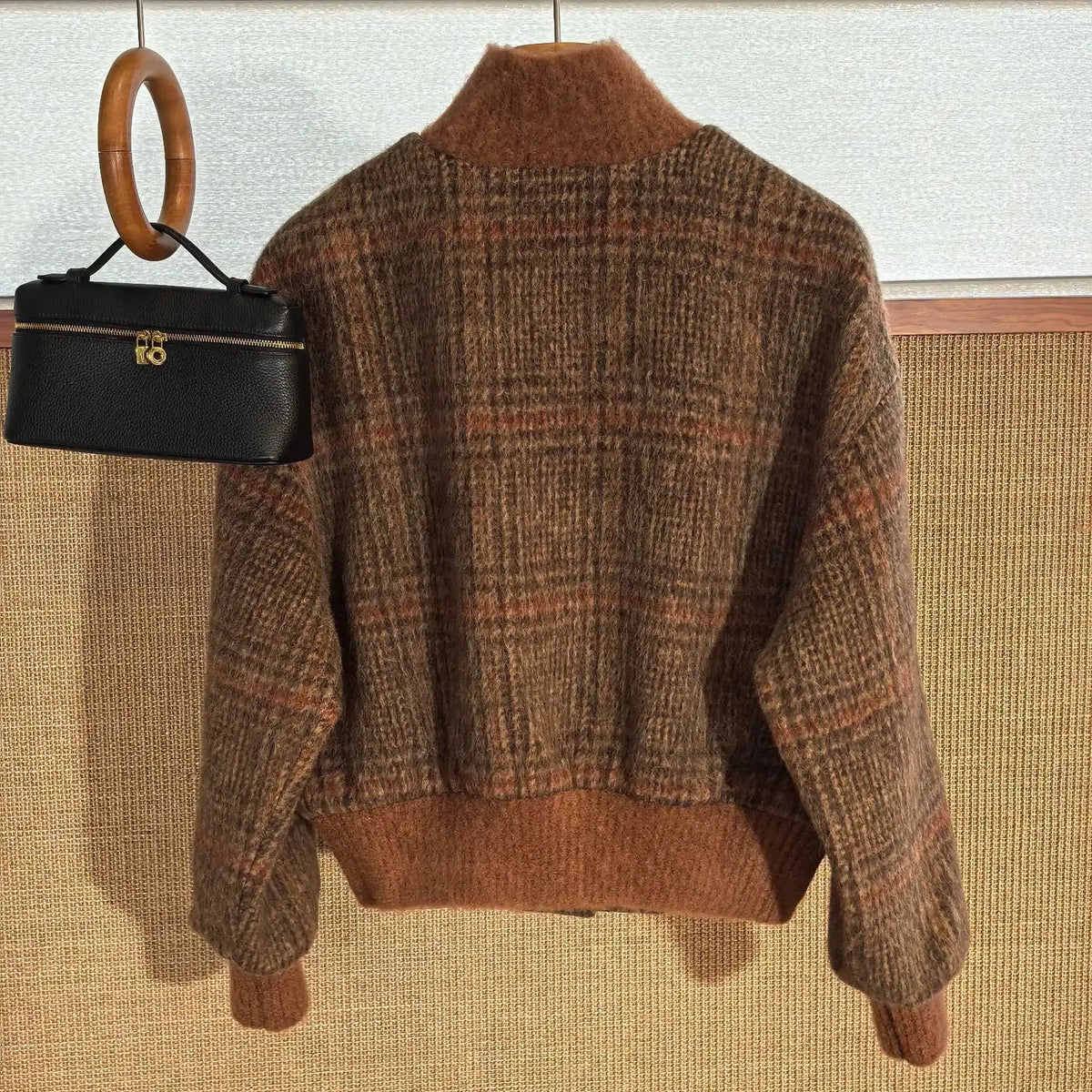 Vintage Plaid Wool Blend Stand Collar Jacket for Women