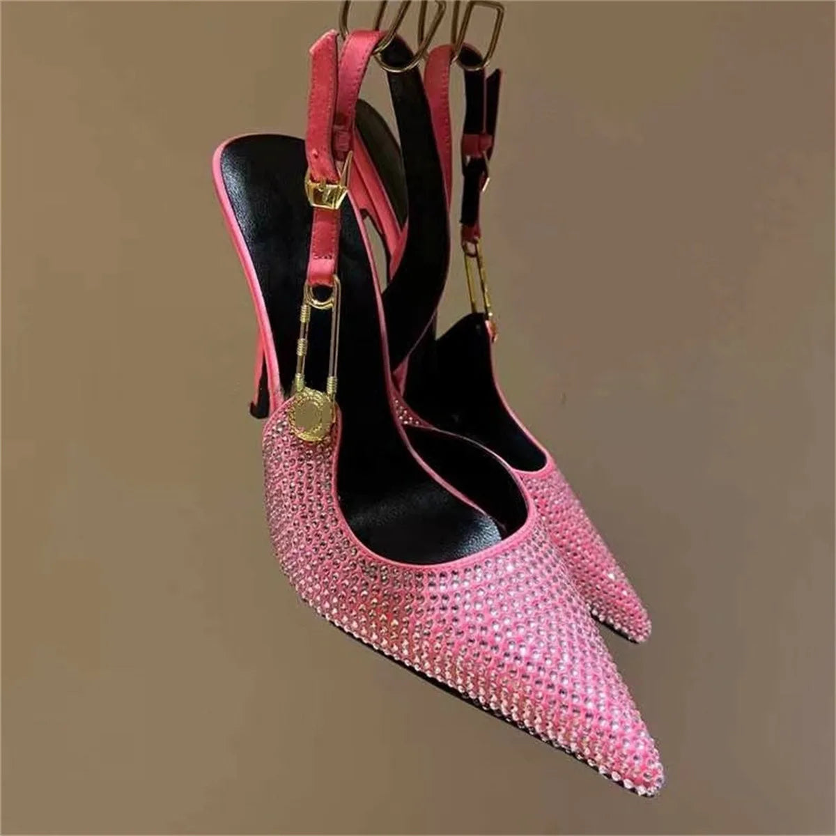 Sexy Pointed Toe Slingabck Rhinestone Sandals Lady Leather Luxury Dress Stiletto High Heel Pumps Women Shoes Metal Buckle