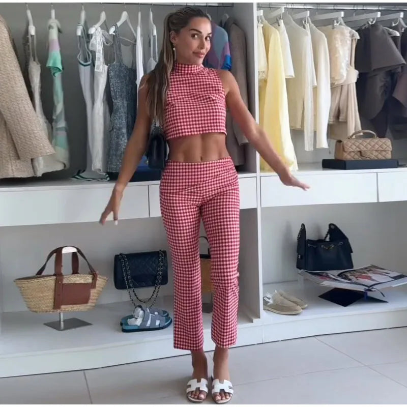 Casual Plaid Vest And Pleated Pants Set Beachwear for Women