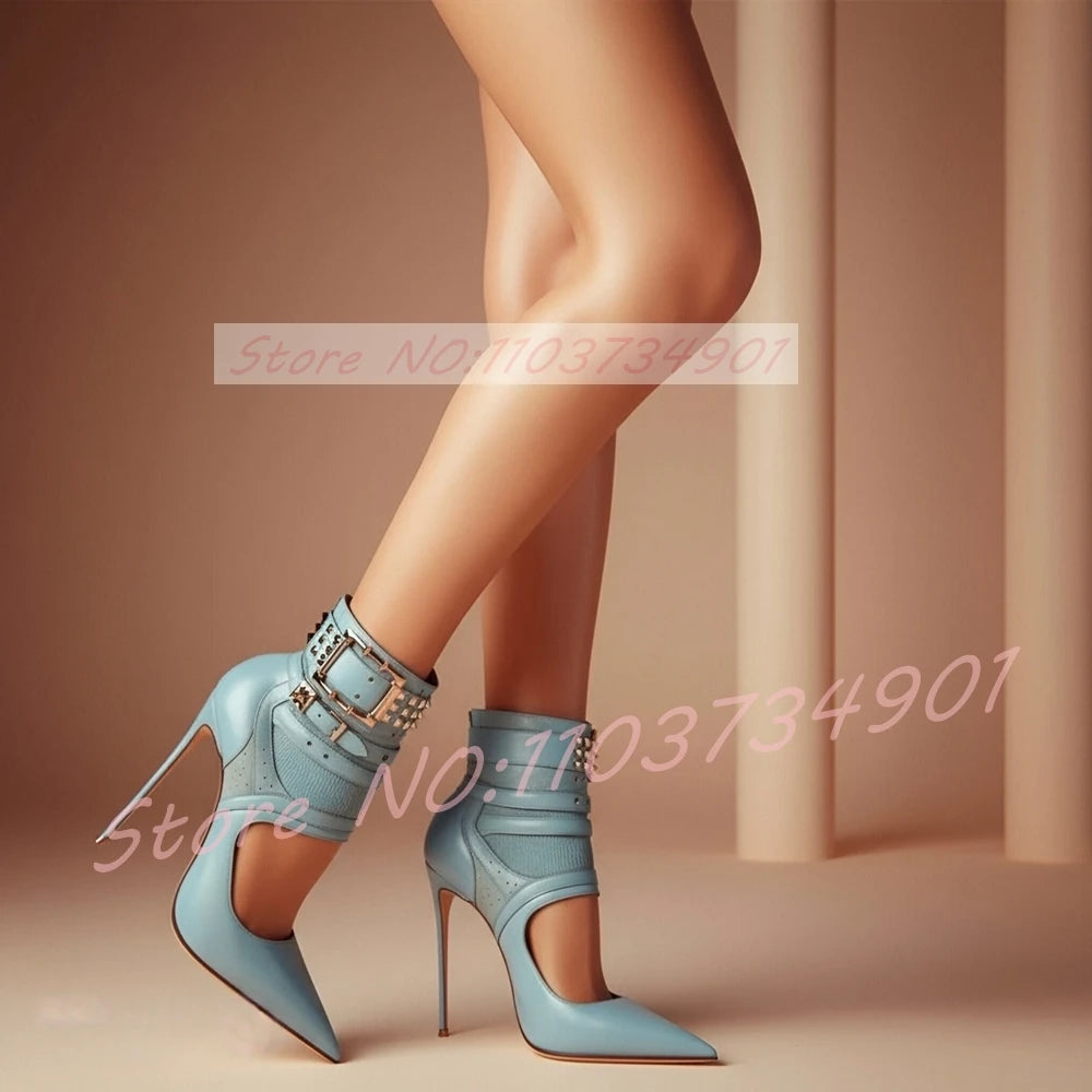 Blue Leather Studded Buckle Strap Cut-Out Ankle Boots for Women