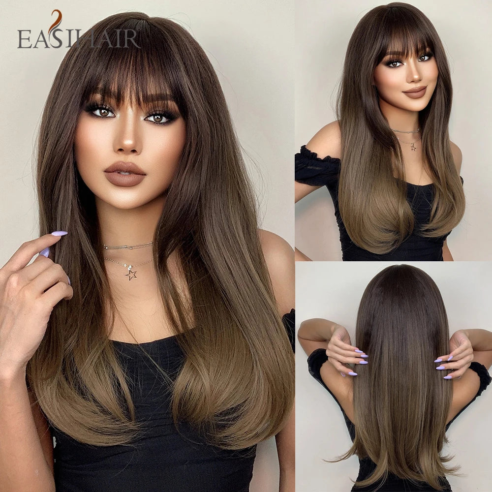 Heat Resistant Long Straight Ombre Bangs Wig for Women