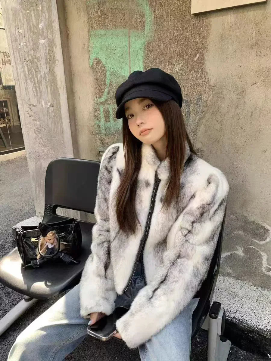Faux Mink Fur Coat for Women,Short Jackets,O-Neck Overcoat,Female Clothes,High-Quality，England Style,Autumn,Winter,New