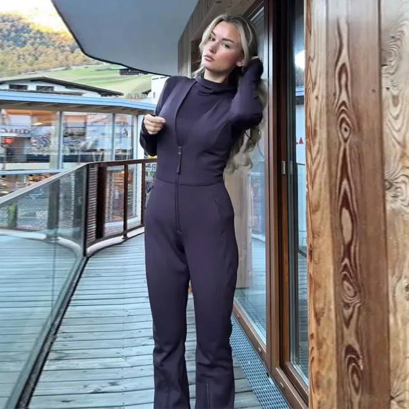 Sleeveless V Neck Ski Jumpsuit With Zippers for Women