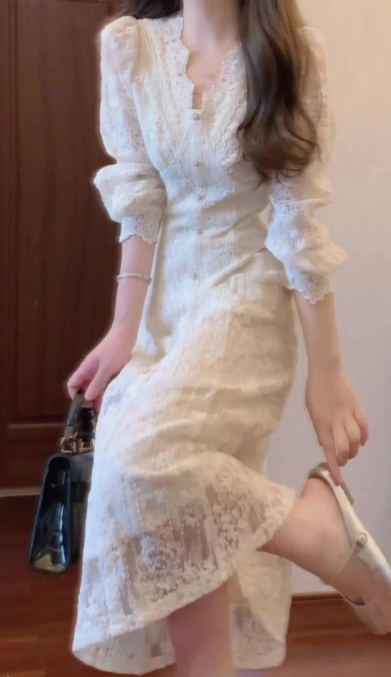Elegant Lace Embroidered A-Line Dress with Long Sleeve for Women