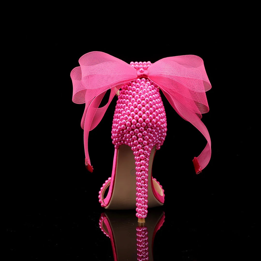Elegant Pearl Beaded Mesh Bowknot Sandals for Women