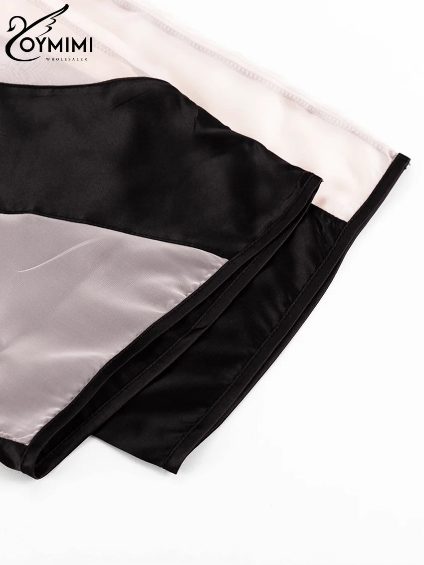 Oymimi Fashion Black Satin Patchwork 2 Piece Set Women Outfit Streetwear Long Sleeve Shirt With High Waist Pant Sets Y2k Clothes