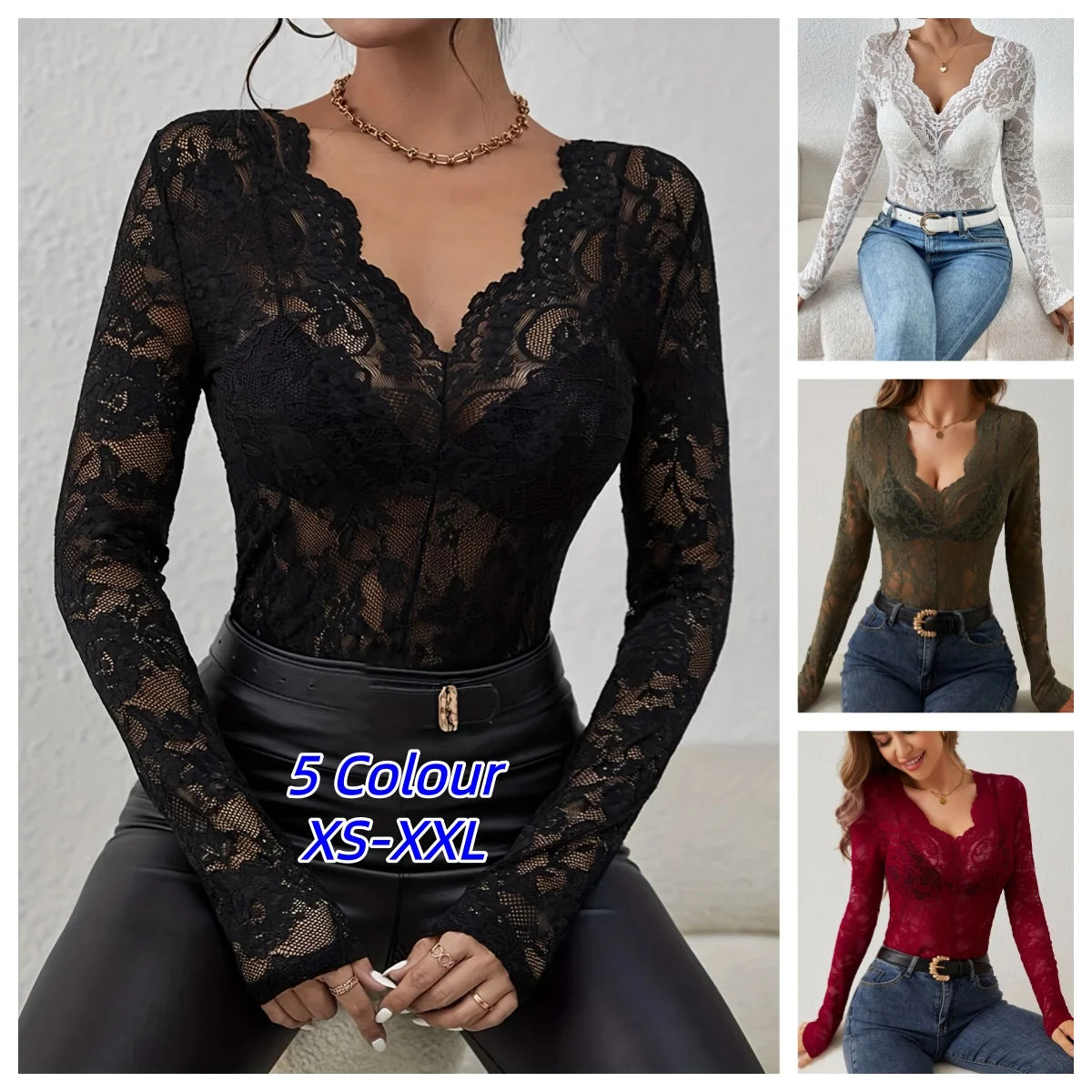 V-Neck Sheer Lace Long Sleeve Top with Scallop Trim for Women