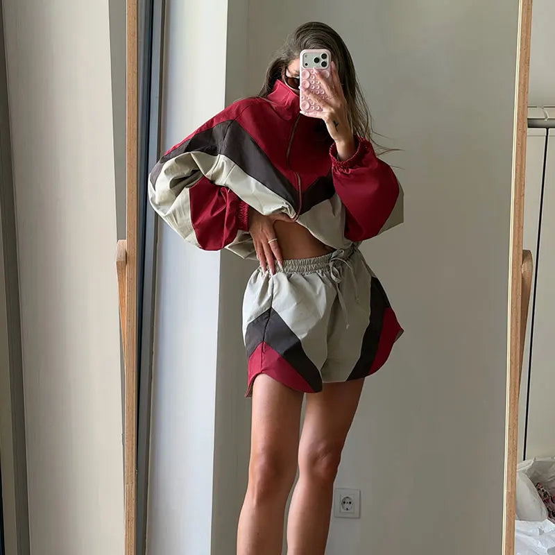 Contrast Color Zip Jacket and Shorts Two Piece Set for Women