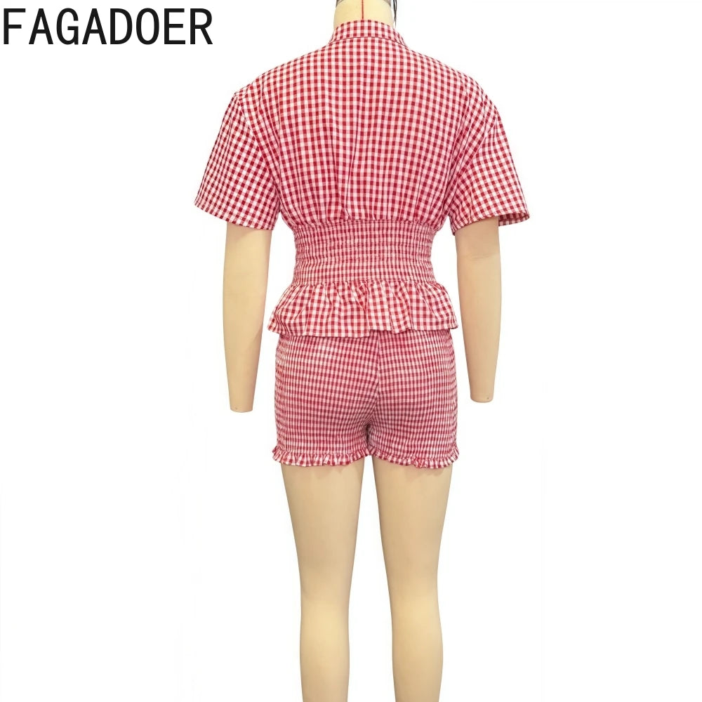 FAGADOER Casual Red Plaid 2 Pieces Set for Woman Short Sleeve Ruffle Patchwork Shirts and Shorts Outfit Female Streetwear New