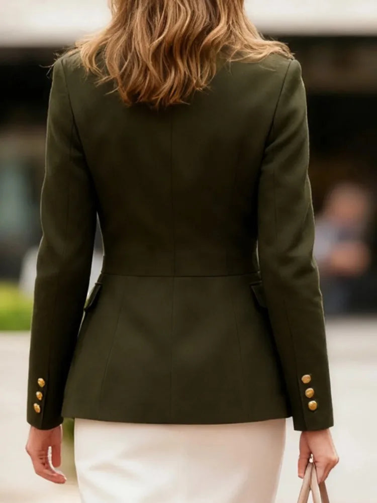 Women's Fashion Solid Color Multiple Pocket Stand Collar Jackets Long Sleeves Buttoned Urban Casual Office Blazer Coats