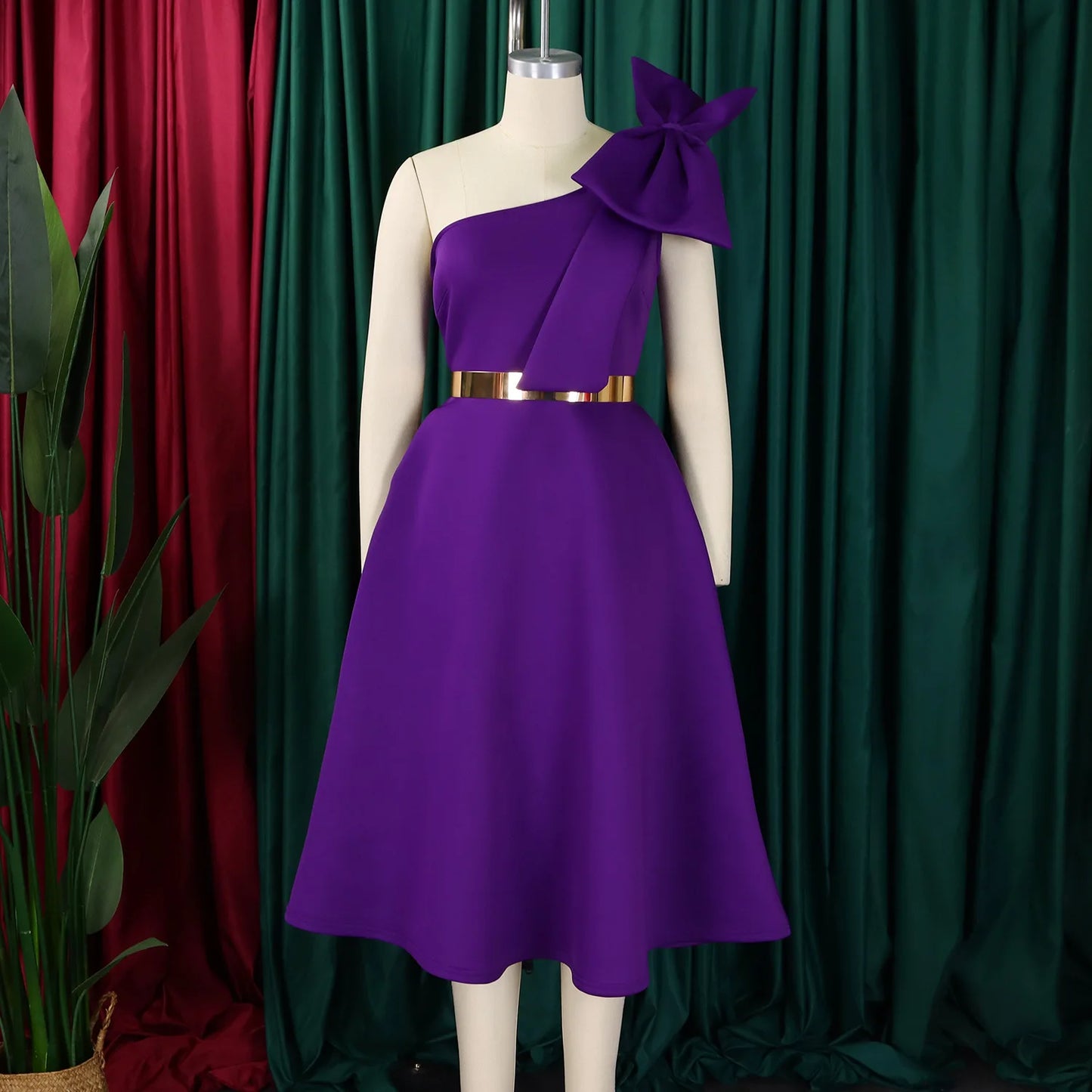 Dress One Shoulder A Line Pleated Knee Length Sleeveless Bow Belt Elegant Party Style