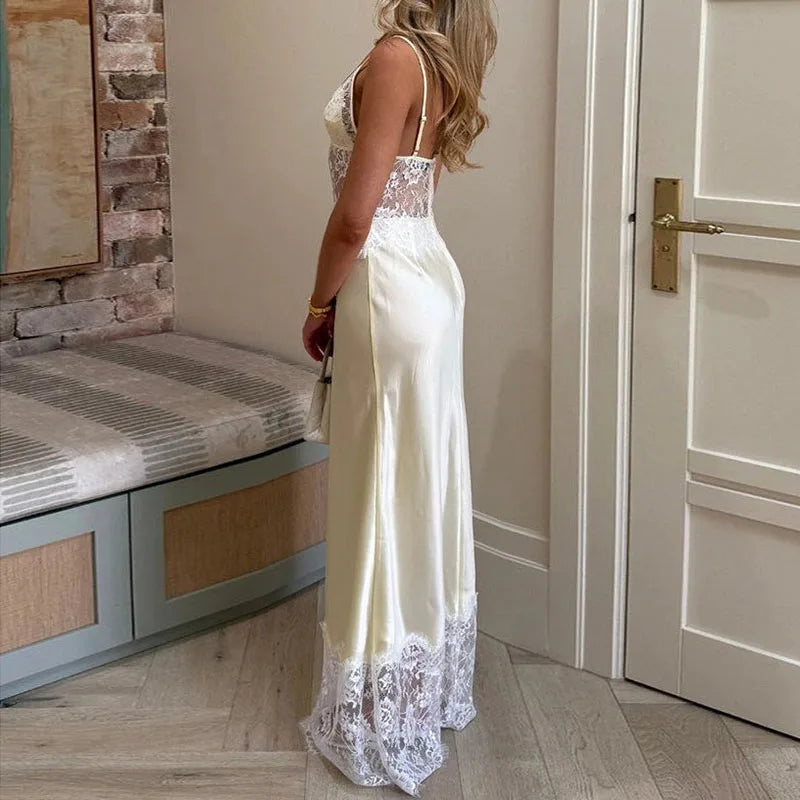 Satin Spaghetti Strap Deep V Neck Lace Patchwork Maxi Dress for Women