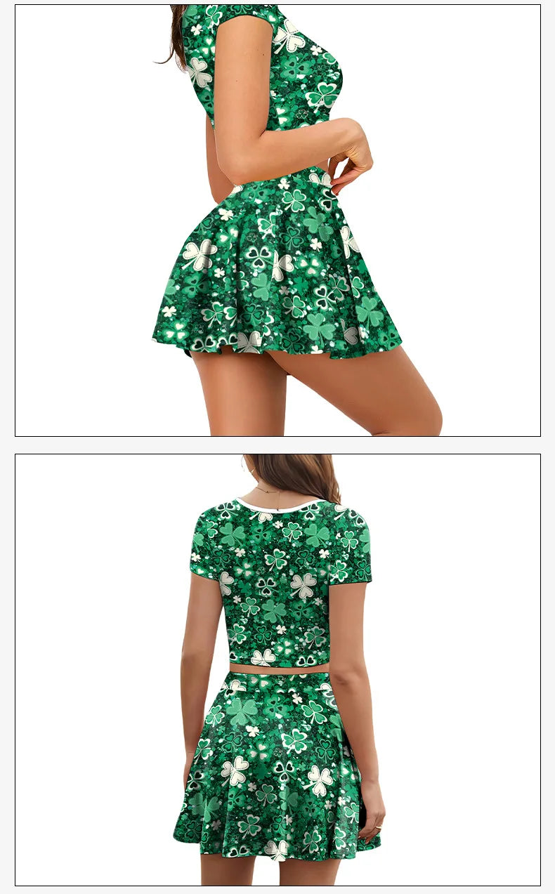 Festive Irish Green Shamrock Plaid Knit Skirt Set for Women
