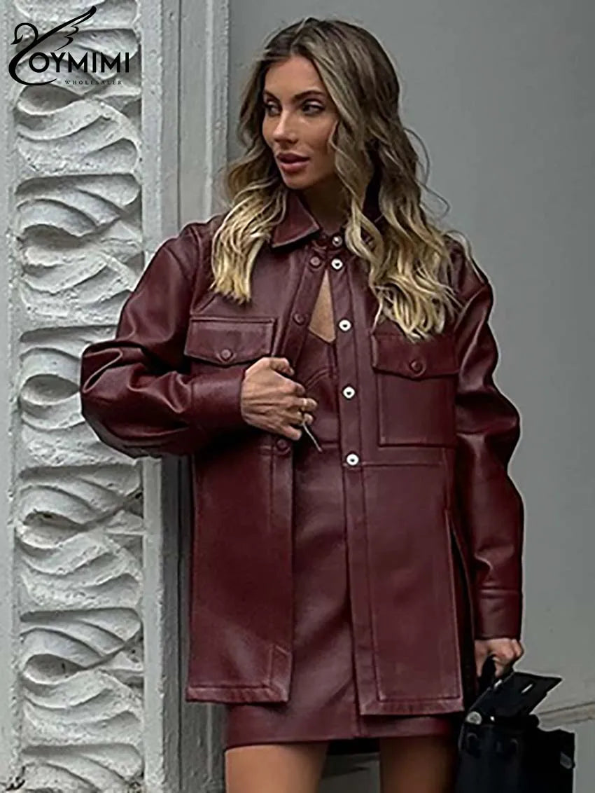 Oymimi Fashion Wine Red Pu Leather Women's Two Pieces Set Elegant Long Sleeve Button Shirts And Spaghetti Strap Mini Dress Sets
