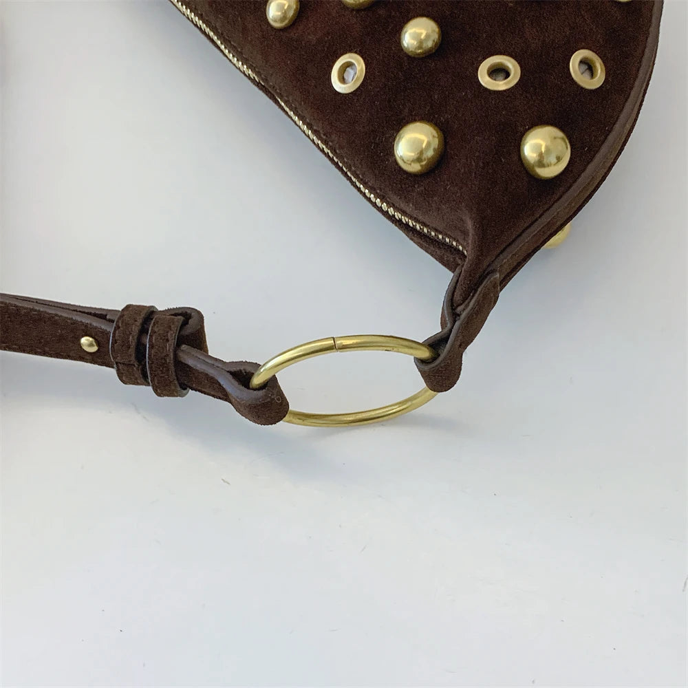 Faux Suede Rivet Half Moon Shoulder Bag for Women