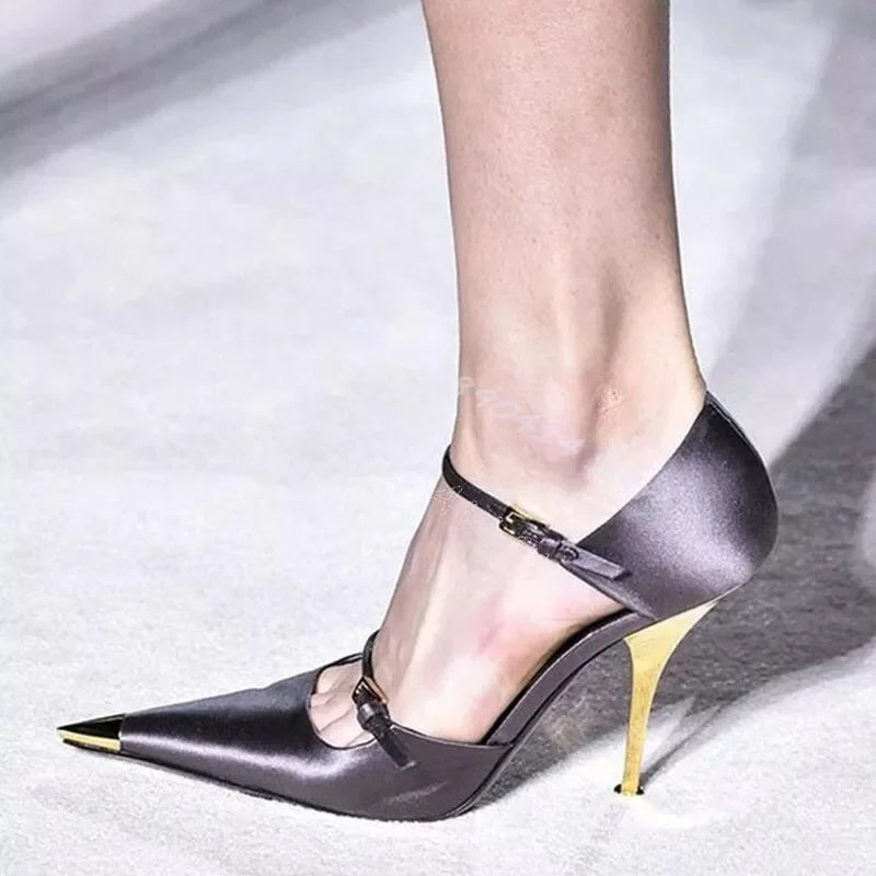 Elegant Sky Blue Silk Pointed Toe Pumps With Ankle Strap For Women