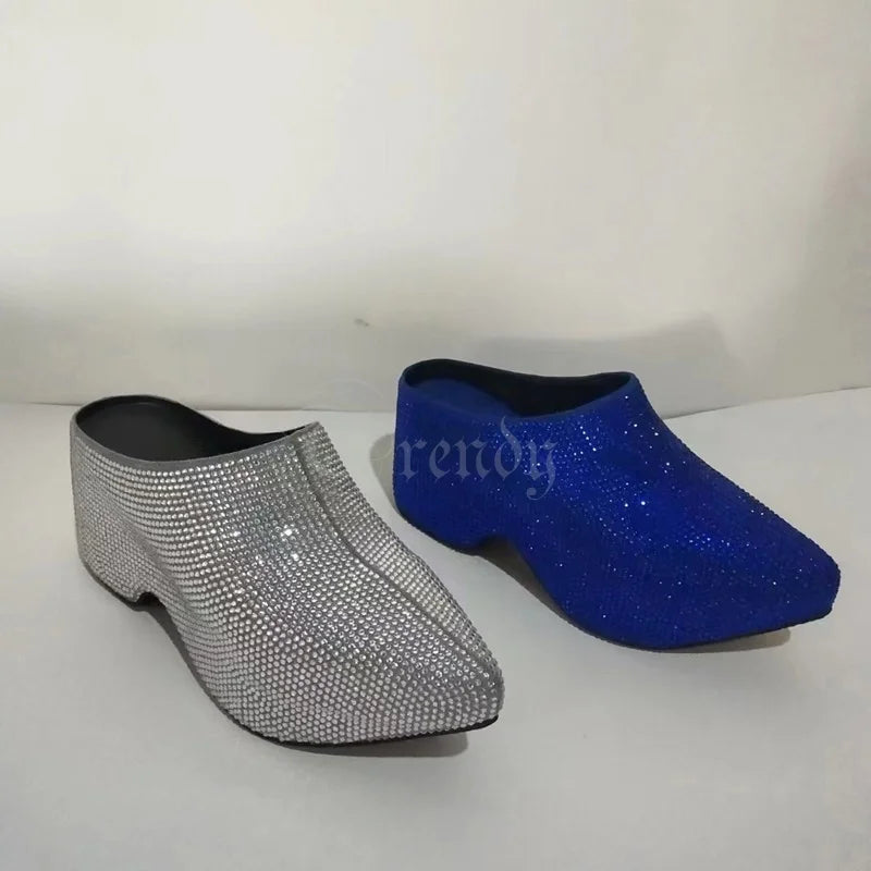 Black Mirror Leather Pointed Toe Crystal Slingback Mules For Women