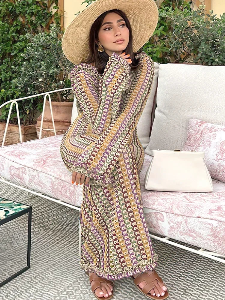 Sexy Backless Flare Sleeve Lace Knit Cut Out Party Beach Maxi Dress 2025 Summer Women Vacation Beachwear Swimsuit Cover Up A2815