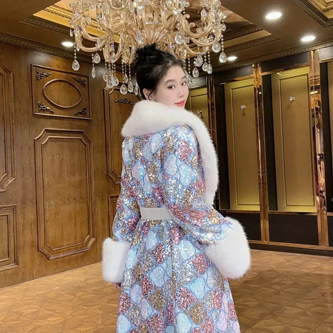 Faux Fur Coat for Women,Adjustable Waist Long Jacket,V-Neck Outwear,Sequins,Spliced,Luxury,Autumn and Winter