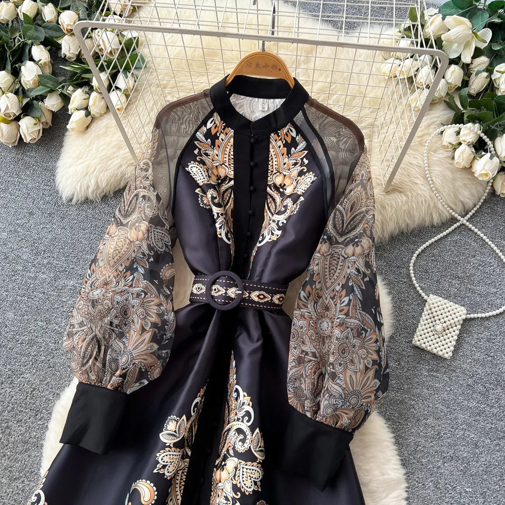 Elegant Printed Mesh Spliced A Line Maxi Dress for Women