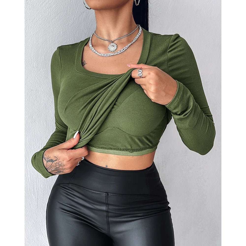 Autumn Spring Women U-Neck Built-in Bra Long Sleeve Ribbed Top Femme Skinny Casual Basic Easy Matching T-Shirts