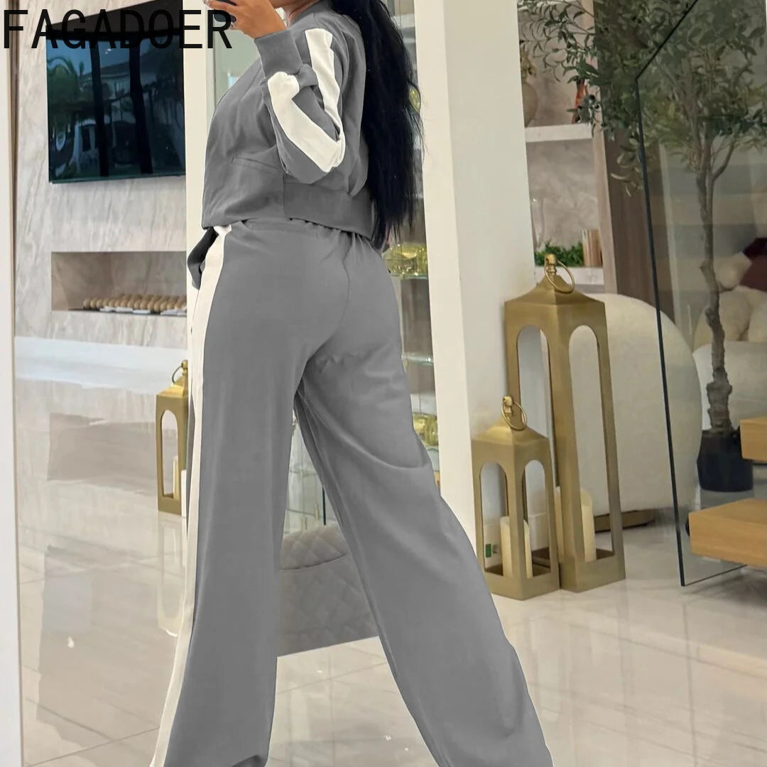 FAGADOER Fashion Sports 2 Pieces Set for Woman Long Sleeve Crop Top and Long Pants Matching Suit Female Streetwear Clothing New