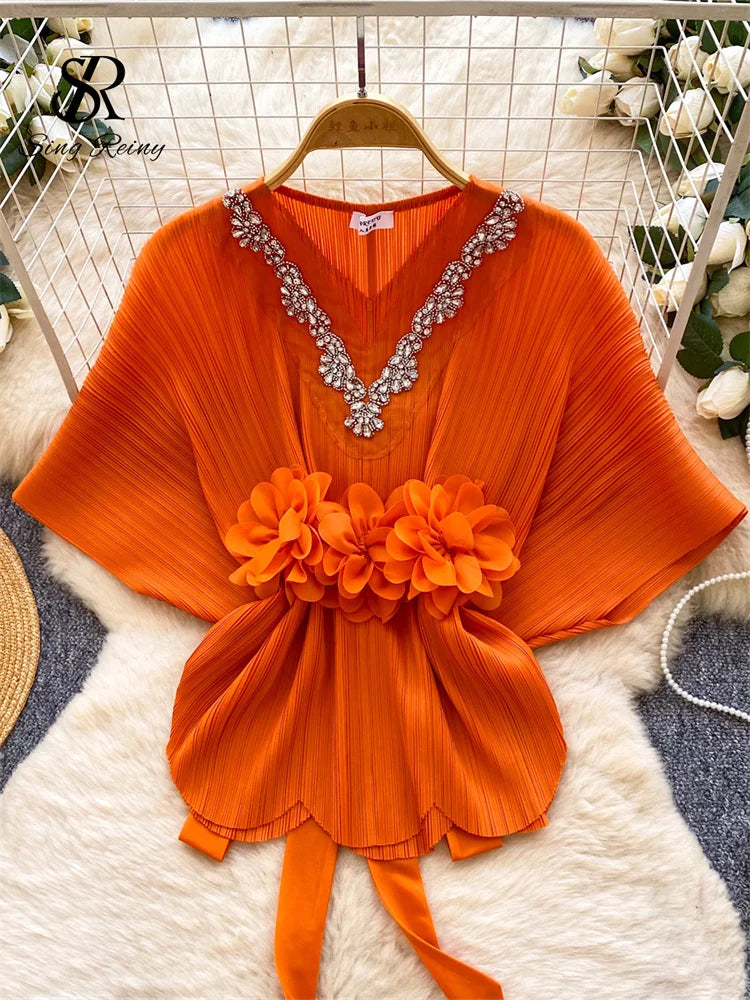 Diamond Embellished Batwing Sleeve Blouse for Women