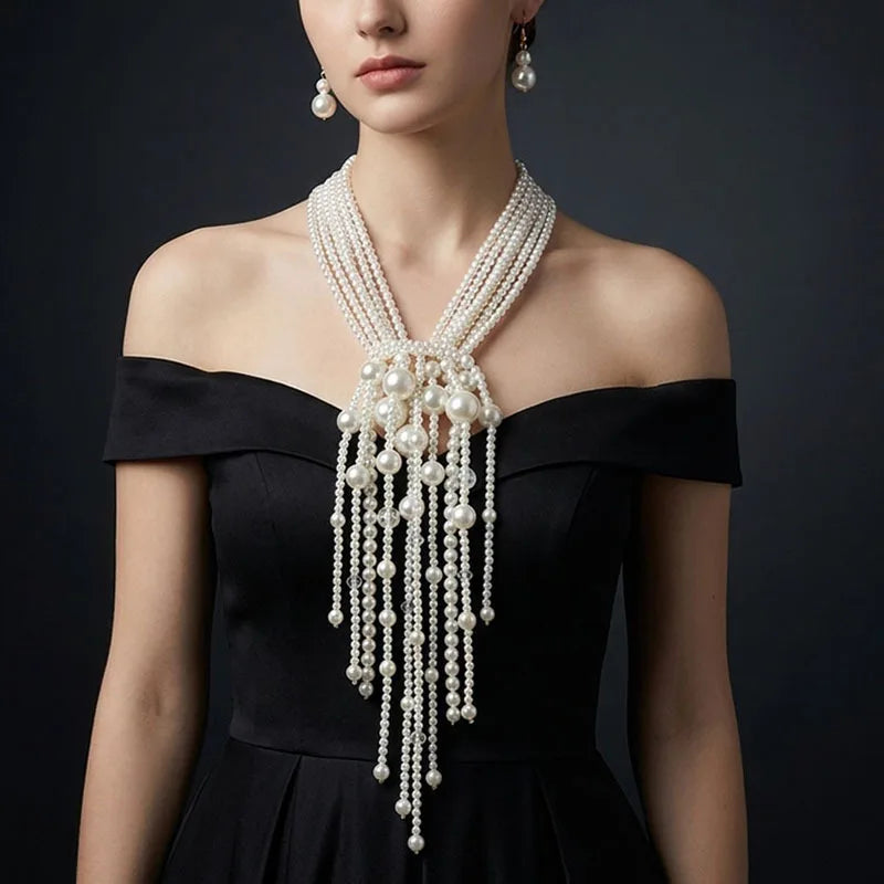 Elegant Layered Imitation Pearl Tassel Necklace for Women