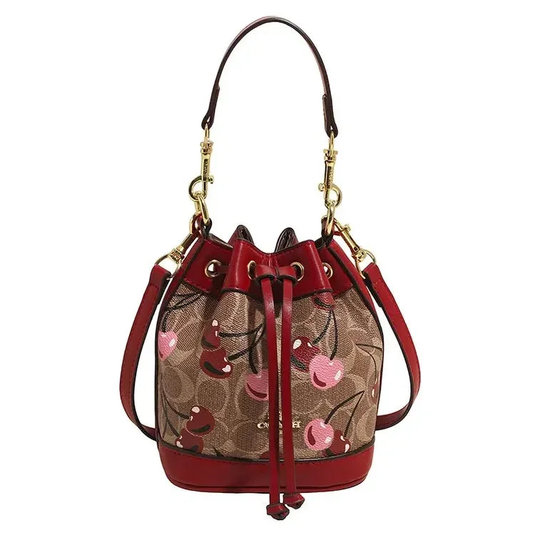 "2025newTextured Bucket Bag Women Artisan Drawstring Shoulder Purse Vintage Motif Crossbody Heritage Accent Carrier"