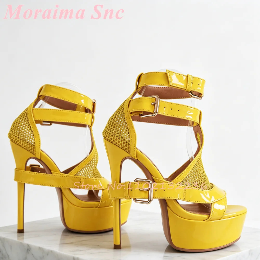 Mesh Cutout Patent Platform Sandals