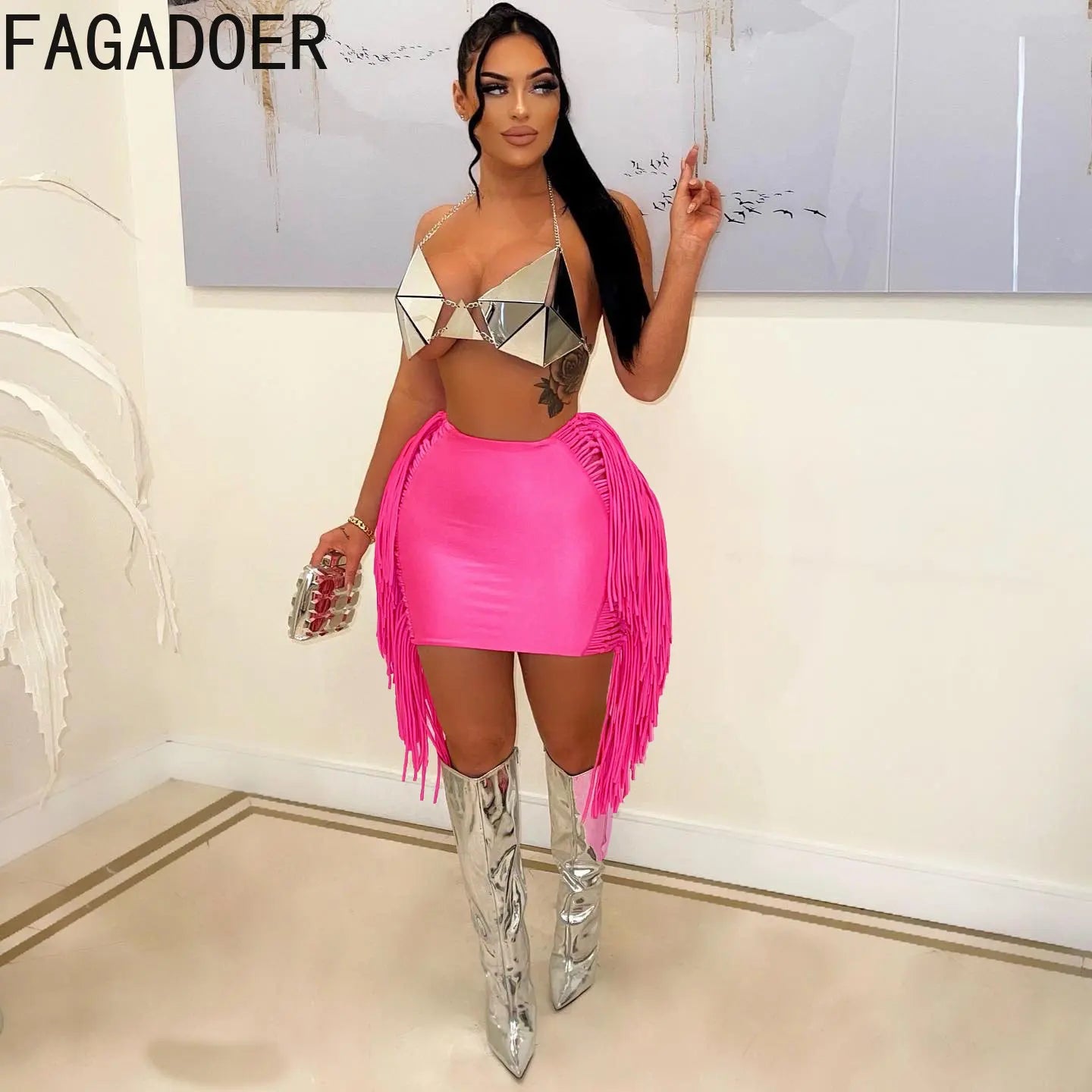 FAGADOER Sexy Tassel Bodycon Mini Skirts Party Club Outfits Women Fashion Chic Streetwear Short Birthday Holidays Skirt Solid