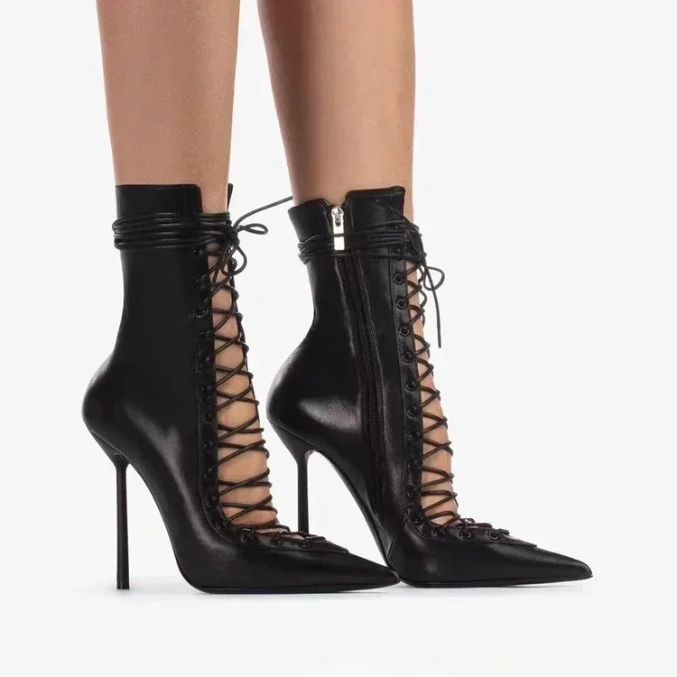 Lace Up Knee High Heeled Boots With Side Zipper for Women