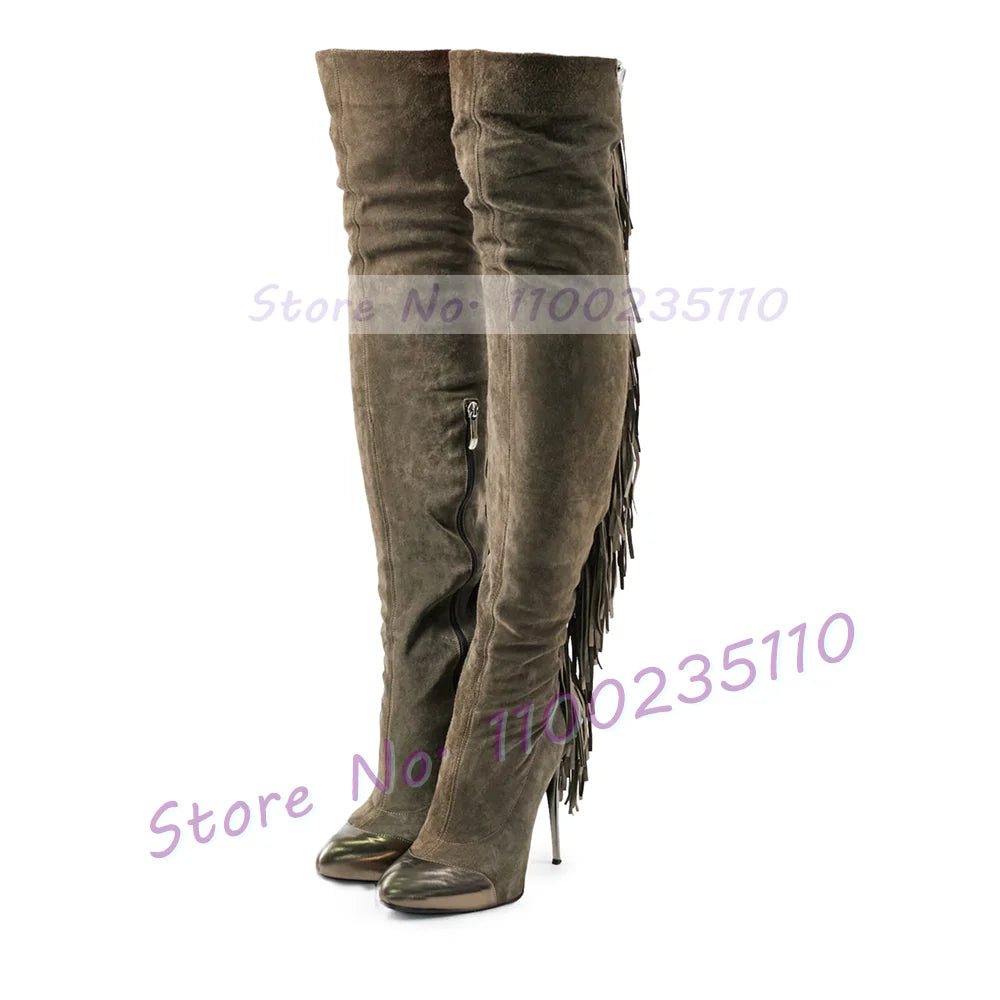 Grey Fringe Leather Over Knee Boots