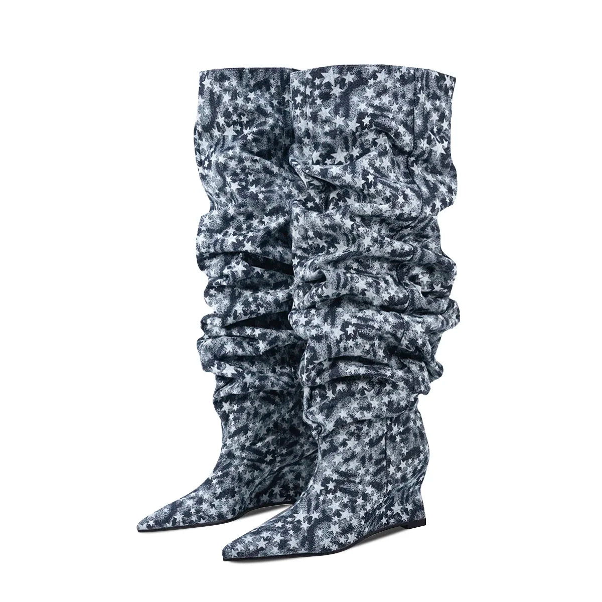 Pointed Toe Denim Over-The-Knee With Wedge Boots for Women