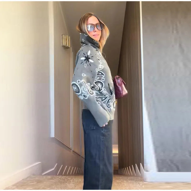 Gray Jacquard Knit Loose Cardigan Long Sleeve Casual for Women