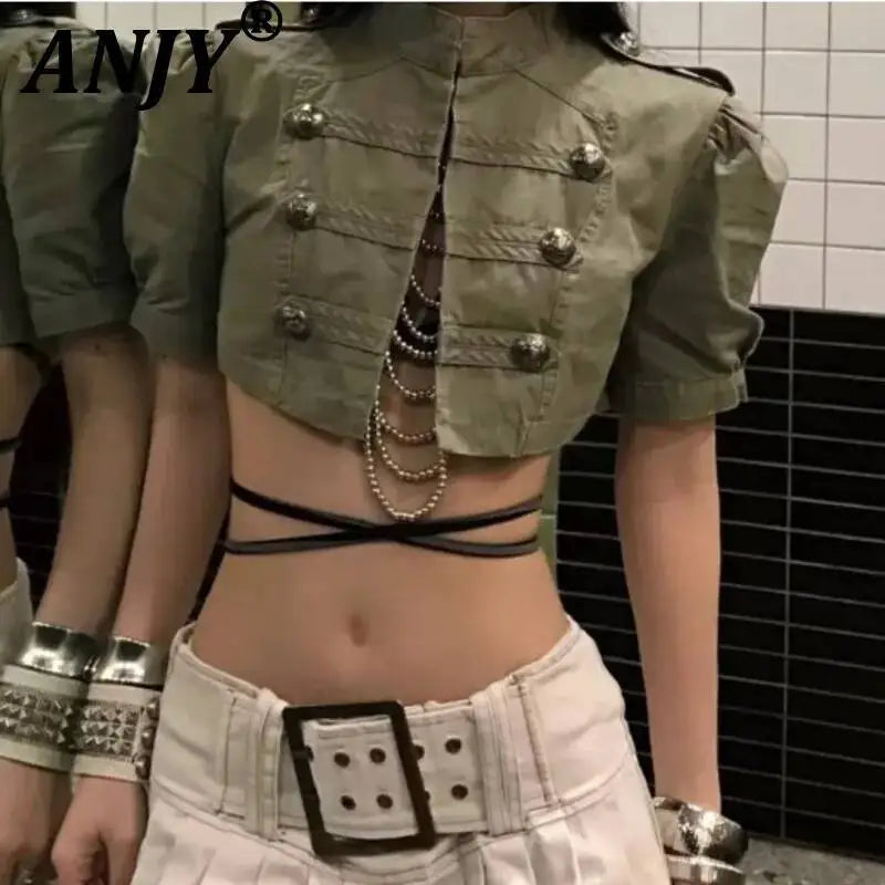 ANJY Summer New Women American Style Vintage Fashion Slim Fit Denim Short Jacket Stand Collar Puff Sleeve Washed Ins Coat A24293