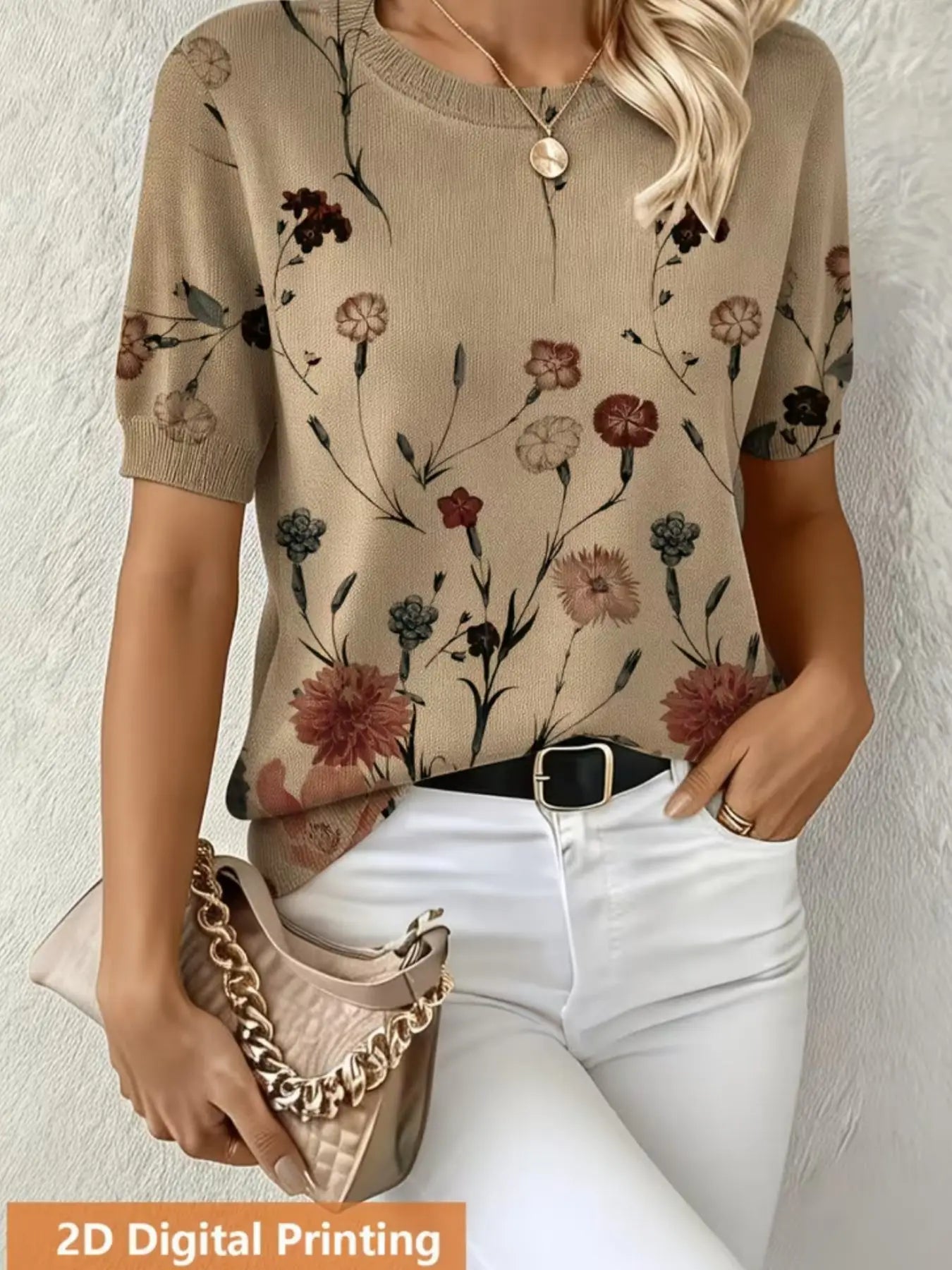 Trendy Digital Print Short Sleeve Pullover Top for Women