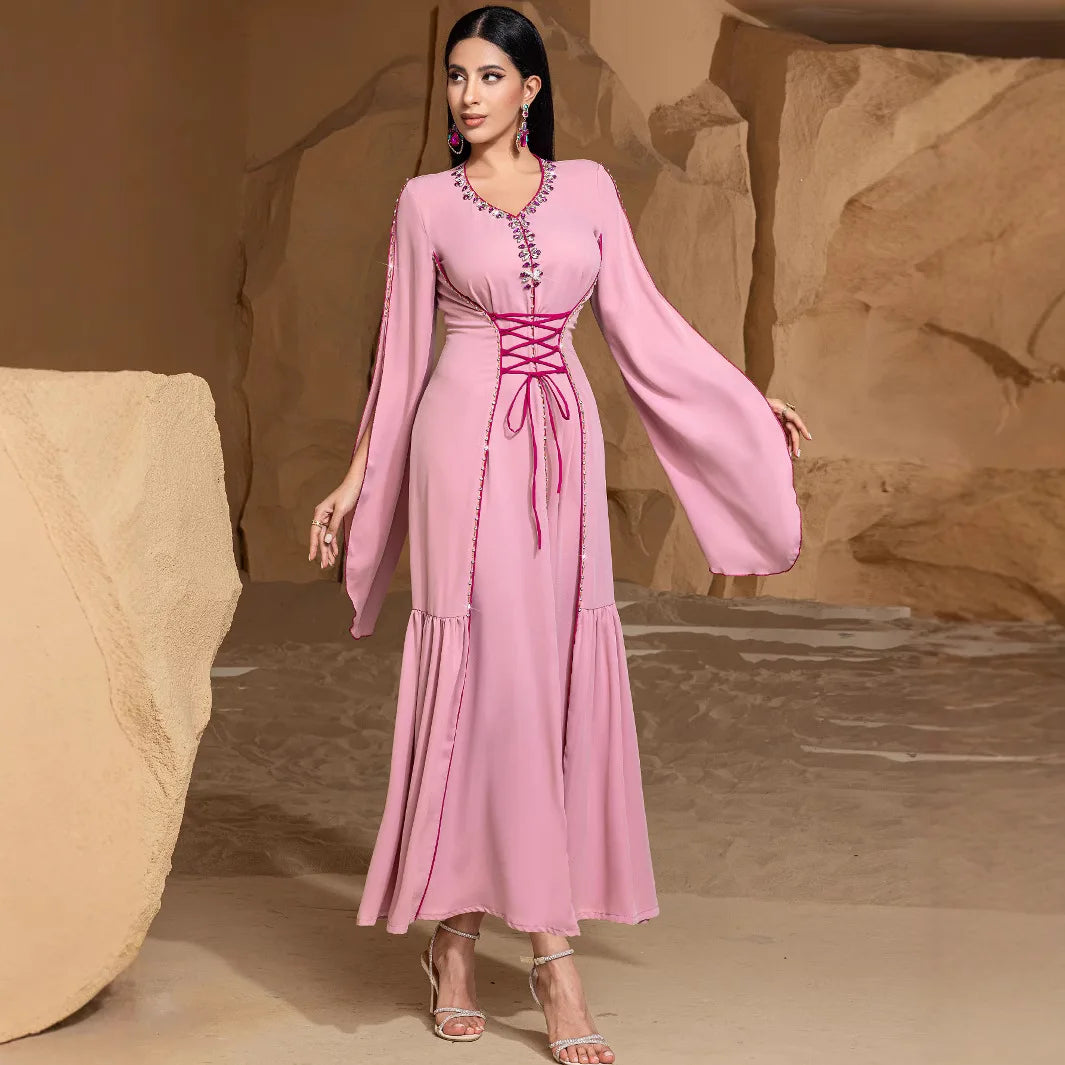 Diamond Embellished Moroccan Kaftan Maxi Dress for Women