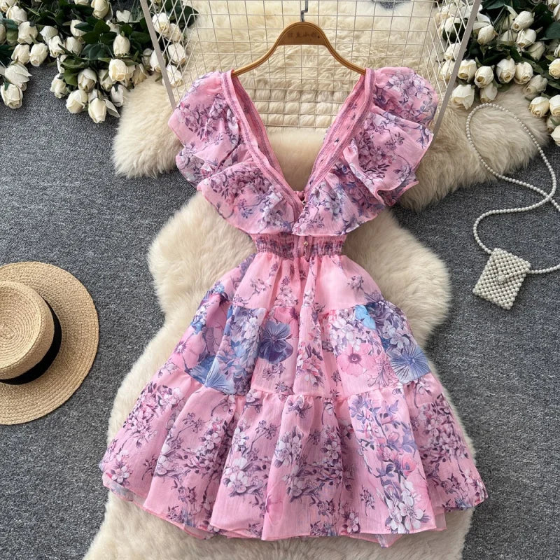 Boho Summer Floral Ruffle Cutout Mini Dress for Women