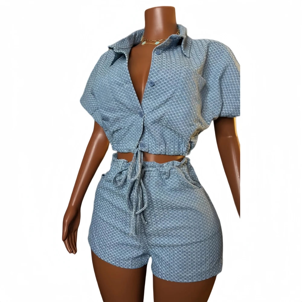 Embroidered Polo Neck Two Piece Denim Shorts Set for Women