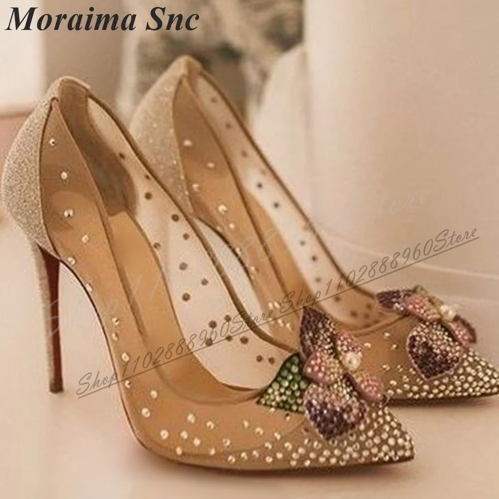 Elegant Mesh Crystal Floral Pointed Toe Pumps For Women
