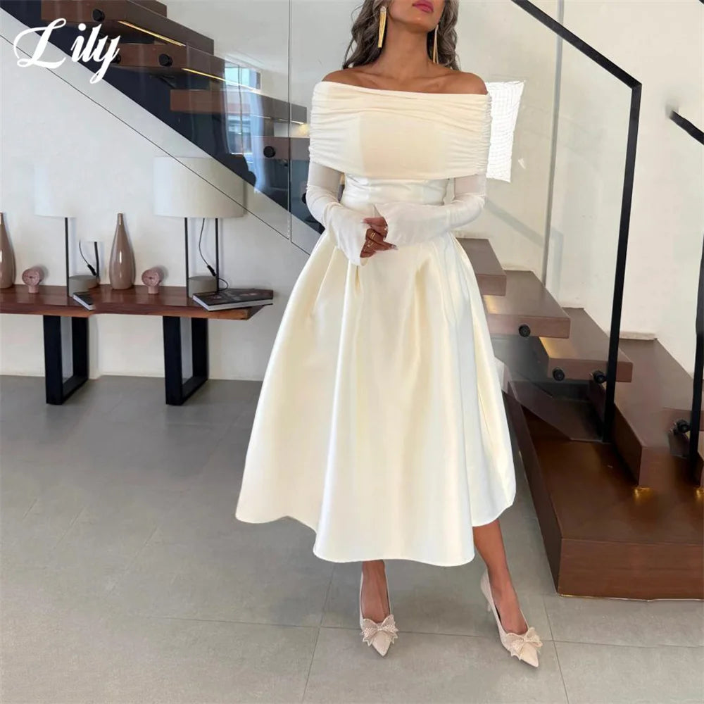 Lily White Evening Dress Off the Shoulder Prom Dresses Full Sleeves Party Formal Gown A Line robe de bal for Woman Customized