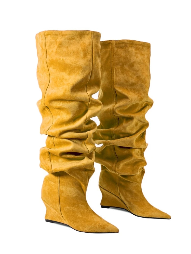 Pointed Toe Denim Over-The-Knee With Wedge Boots for Women