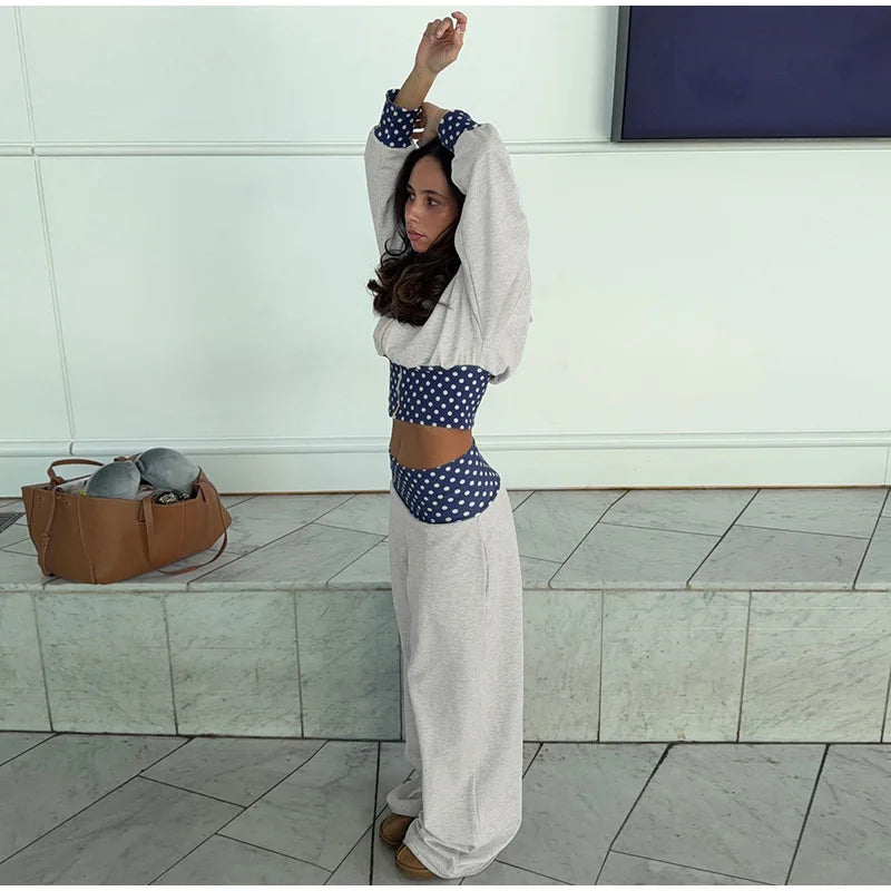 Polka Dot Hooded Zipper Crop Top And Wide Leg Pants For Women